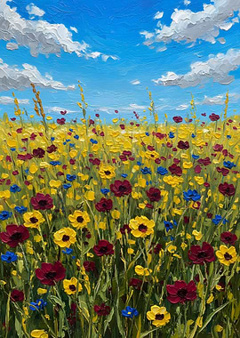 Impressionistic Wildflower Field Under Blue Sky