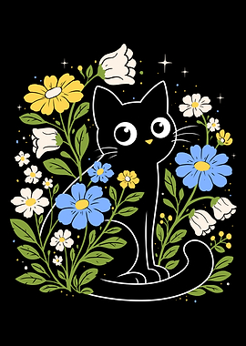 Black Cat Surrounded by Flowers