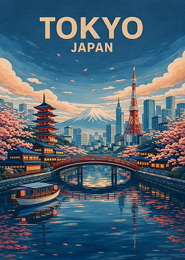 Tokyo cityscape with Mount Fuji and cherry blossoms