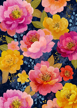 Vibrant Floral Pattern on Dark Background