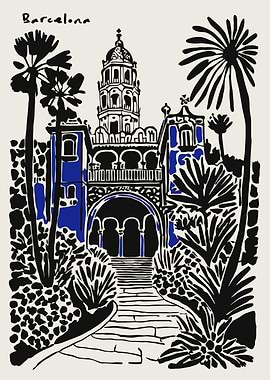 Barcelona Landmark with Tropical Plants