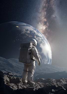 Astronaut on Moon overlooking Earth