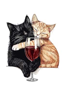 Two Cats Hugging with Wine