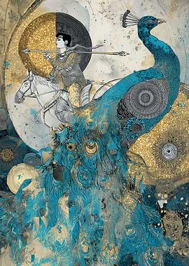 Warrior Riding Horse with Peacock