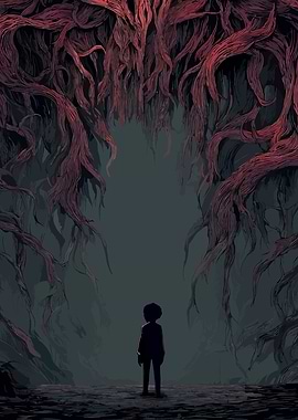 Child in a dark, root-filled cave