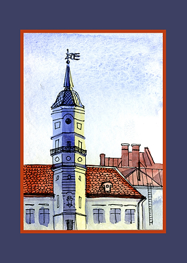 Watercolor Painting of a Tower and Rooftops