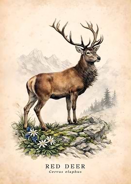 Alpine Red Deer Stag Watercolor Art - Vintage Field Guide Illustration - Nature Wildlife Poster