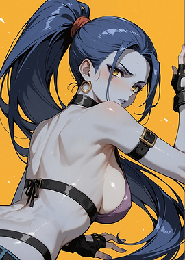 Anime Woman with Blue Hair and Yellow Eyes