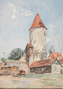 Watercolor Painting of a Medieval Tower and Buildings