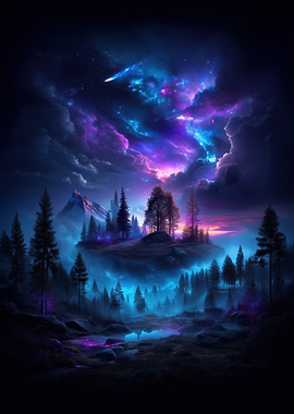 Mystical Night Landscape with Nebula