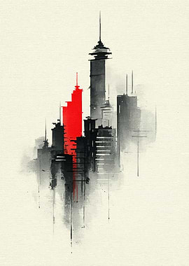 Red skyscraper in a monochrome city