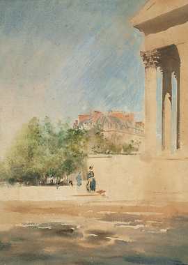 Watercolor of Parisian Architecture and Figures