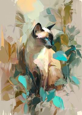 Siamese Cat in Abstract Floral Setting