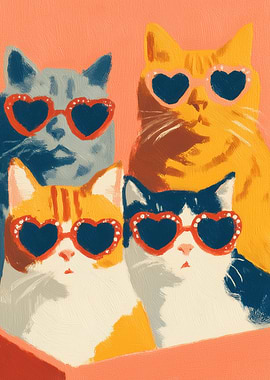 Four Cats Wearing Heart Sunglasses
