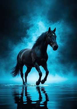 Dark Horse Running Through Blue Smoke and Water