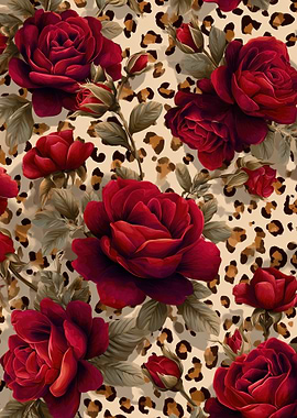 Red Roses on Leopard Print Background