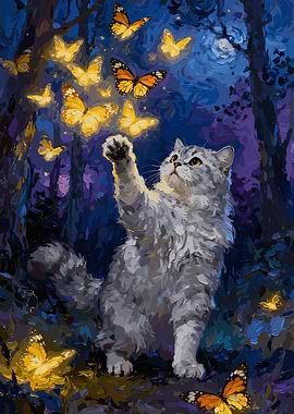 Cat Reaching for Butterflies in Forest
