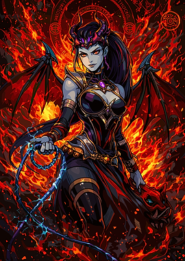 Demon Queen with Whip and Fiery Background