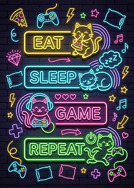 Eat Sleep Game Repeat Neon Cats Gaming