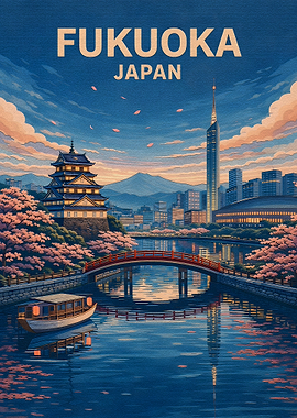 Fukuoka Japan Cityscape with Cherry Blossoms