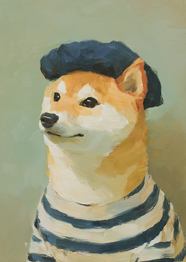 Shiba Inu in Beret and Striped Shirt