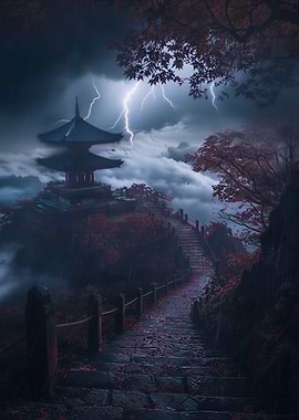 Stormy Night at Japanese Pagoda