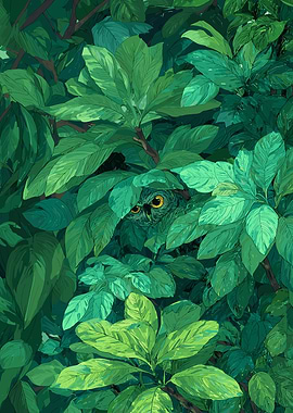 Owl peeking through lush green foliage