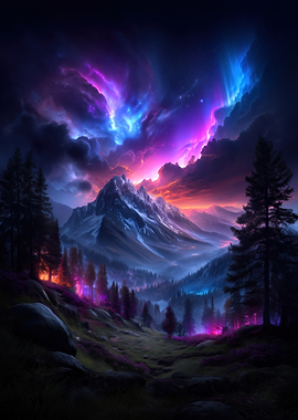 Aurora Borealis Over Mountain Valley