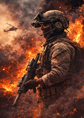 Soldier in fiery battlefield with helicopter