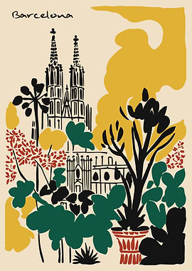 Barcelona Cityscape with Floral Elements