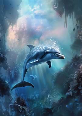 Dolphin swimming in underwater cave