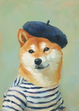 Shiba Inu Dog Wearing Beret and Striped Shirt