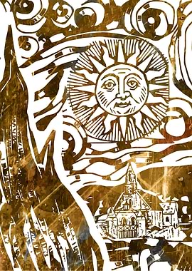 Starry Night Sun and Church with Abstract Background