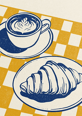 Coffee and Croissant on a Tablecloth
