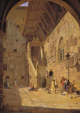Old European Courtyard Scene with People