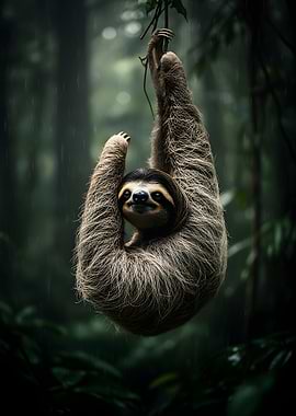 Sloth hanging in a rainy forest