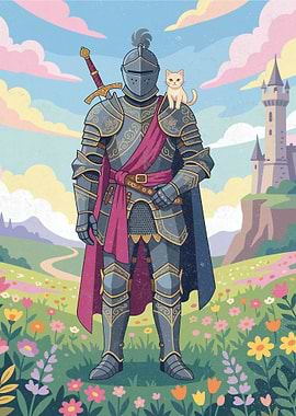 Knight with Cat in a Floral Landscape