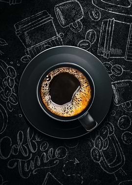Black coffee cup on saucer with chalk art