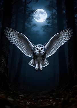 Owl flying in a moonlit forest