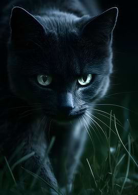 Close-up of a black cat with green eyes