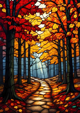 Stained Glass Autumn Forest Path