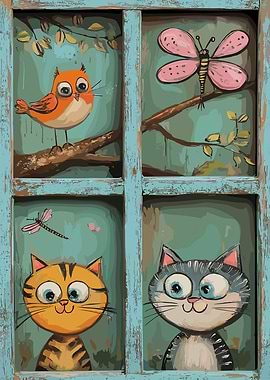 Cute Animals in a Window Painting