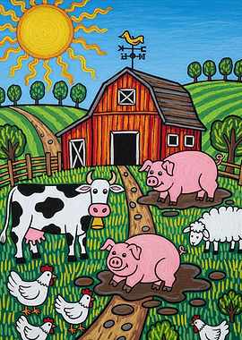 Farm Scene with Animals and Barn