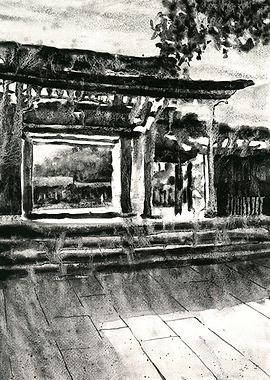 Charcoal Sketch of a Japanese Torii Gate