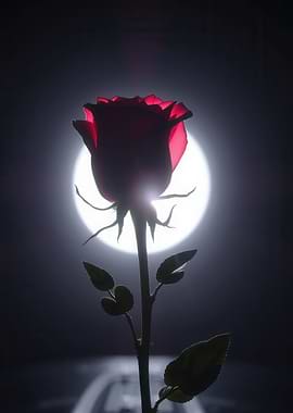 Silhouette of a red rose against a bright moon