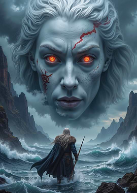 Giant goddess Face Overlooking Viking Warrior in Stormy Sea