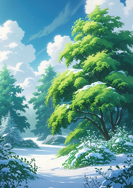 Snowy Forest Landscape with Bright Sky