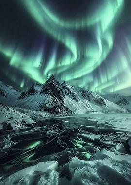 Aurora Borealis over Snowy Mountains