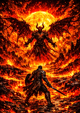 Knight facing a demon in hell