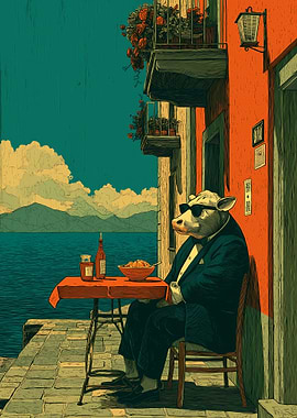 Cow in Suit Eating Pasta by the Sea coast Italia